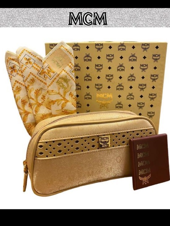 MCM Handbags - MCM Gold Cosmetic Pouch Gift Set Scarf Mirror Box Vintage